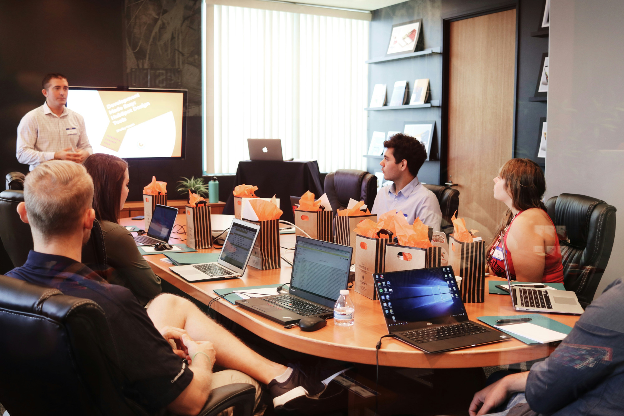 Business professionals collaborating in an English-language working session